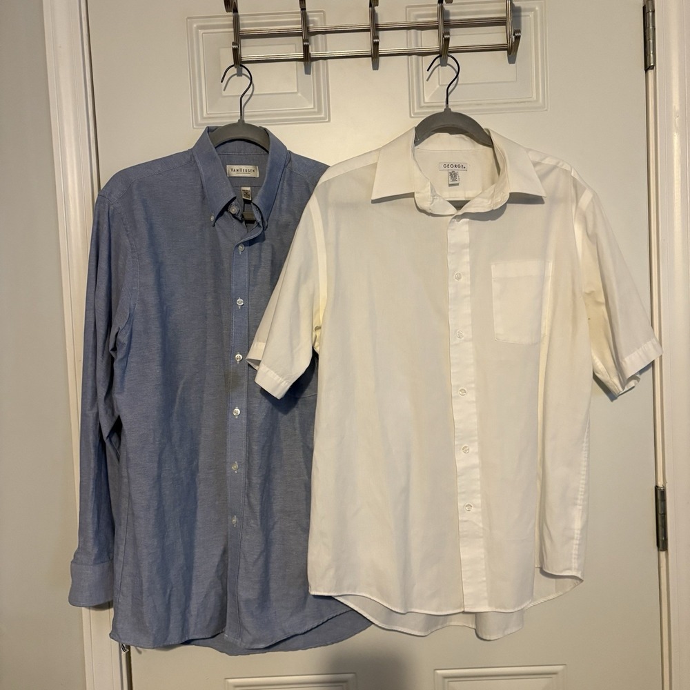 Pair of Men's Button Down Shirts , Long & Short Sleeve, Blue & White, Size Large